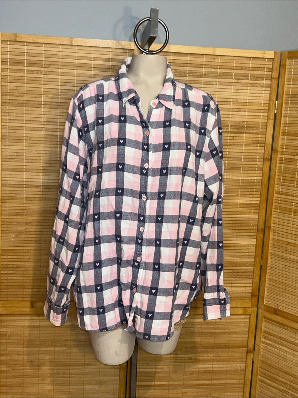 County Store Hearts pink blue Plaid Shirt Long Sleeves blouse button down top 2X